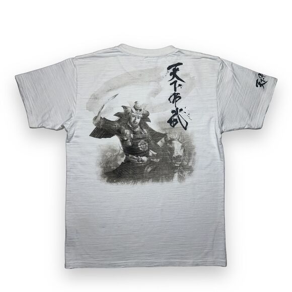 Japanese Novelty T-Shirt Gold Oda Clan Crest, Samarai on Horse Back White Sz L - Picture 1 of 11